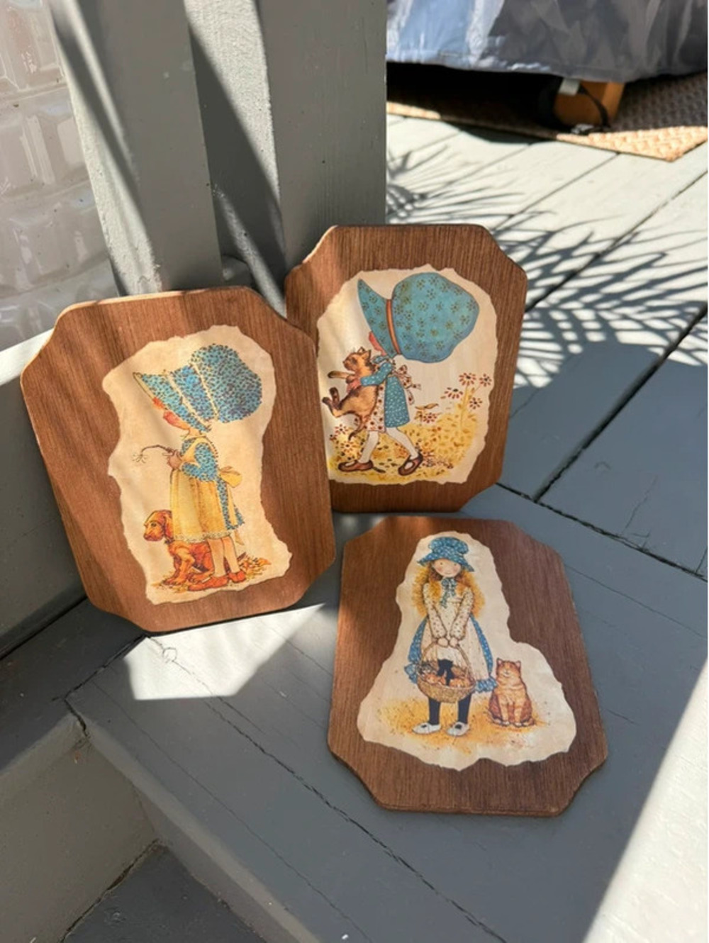 Vintage Holly Hobbie Style Decoupage Wooden Wall Plaques Set of 3 | 1970s